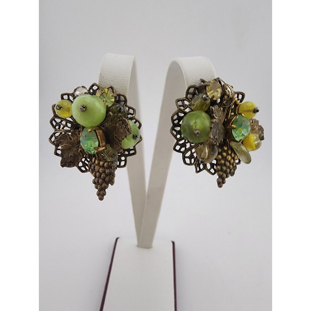 Vintage Hand Wired Glass Brass & Rhinestone Earrings Attributed To Eugene A3457